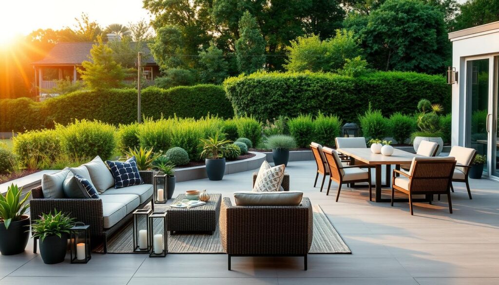 A beautifully curated outdoor living space, featuring a harmonious arrangement of weather-resistant garden furniture. In the foreground, a modern sectional sofa and accent chairs in muted tones create a cozy seating area, flanked by potted plants and decorative lanterns. The middle ground showcases a sleek dining table surrounded by comfortable armchairs, all positioned to make the most of the natural light. In the background, a lush, verdant landscape provides a serene backdrop, enhanced by the warm, golden glow of the afternoon sun. The entire scene conveys a sense of tranquility and effortless style, inviting one to relax and savor the pleasures of alfresco living.