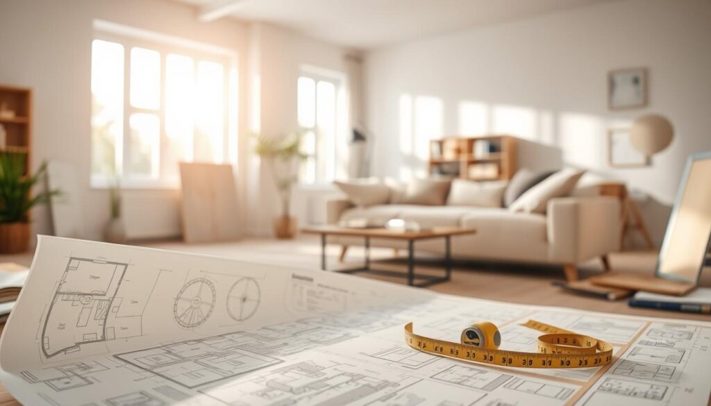 A bright, airy living room undergoing renovation. In the foreground, a designer's blueprint unfurls, revealing intricate plans for the space. In the middle ground, a set of tape measures, swatches, and color samples convey the careful planning process. The background showcases the raw, unfinished walls, hinting at the transformative journey ahead. Soft, natural lighting filters in, casting a warm, inviting glow and suggesting the harmonious, livable aesthetic to come. The overall scene captures the thoughtful, organized approach to remodeling, where function and form converge to create a cohesive, personalized environment. A bright, airy living room undergoing renovation. In the foreground, a designer's blueprint unfurls, revealing intricate plans for the space. In the middle ground, a set of tape measures, swatches, and color samples convey the careful planning process. The background showcases the raw, unfinished walls, hinting at the transformative journey ahead. Soft, natural lighting filters in, casting a warm, inviting glow and suggesting the harmonious, livable aesthetic to come. The overall scene captures the thoughtful, organized approach to remodeling, where function and form converge to create a cohesive, personalized environment.
