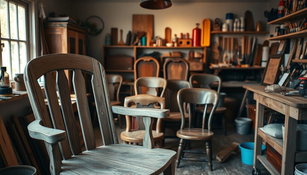 A cozy home workshop filled with tools and wood finishes. In the foreground, a weathered wooden chair undergoing a careful restoration process, with sanding tools and varnishes neatly arranged. The middle ground showcases an array of furniture pieces in various stages of refinishing, from stripped frames to freshly stained surfaces. Soft, warm lighting emanates from a nearby window, casting a gentle glow over the scene. The background reveals a tidy workbench and shelves stocked with an assortment of paint brushes, sandpaper, and other renovation essentials. The overall atmosphere conveys a sense of diligence, craftsmanship, and the rewarding process of breathinglife back into cherished furniture pieces.