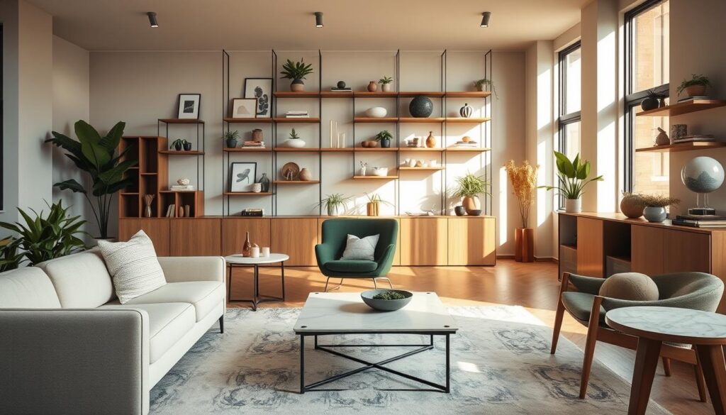 A modern living room filled with trendy furniture in 2023 styles. In the foreground, a minimalist sofa in soft beige tones and a stylish coffee table with a sleek, geometric design. In the middle ground, a mid-century inspired armchair in a deep olive green, complemented by a wooden side table with a marble top. The background features a wall display of floating shelves showcasing decorative items and plants, bathed in warm, natural lighting from large windows. The overall atmosphere is one of understated elegance, embracing the latest design trends for a cozy and sophisticated living space.