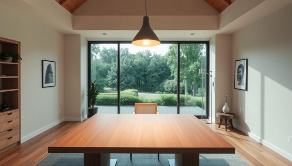 A modern, minimalist home office with a large, custom-built wooden desk taking center stage. The desk features clean lines and a natural wood grain finish, complementing the light, airy atmosphere of the room. Overhead, a sleek pendant light casts a warm glow, illuminating the space. In the background, a floor-to-ceiling window offers a serene view of a lush, green landscape, creating a sense of tranquility. The room is accented with subtle, neutral-toned decor, allowing the custom-made furniture to be the focal point. The overall scene conveys a sense of personalization, where the space has been carefully curated to reflect the homeowner's unique style and needs.