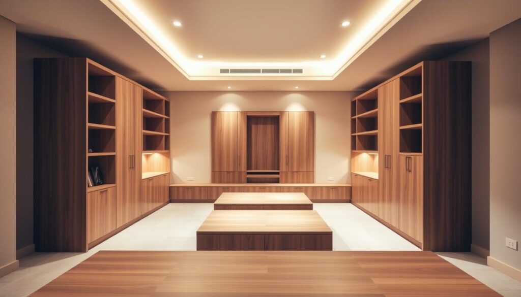 A modern, well-lit interior space showcasing a custom-made furniture arrangement. In the foreground, sleek, minimalist cabinets and shelves in natural wood tones, expertly fitted to the room's dimensions. In the middle ground, a striking centerpiece, perhaps a statement table or a custom-built storage unit, commands attention. The background features neutral-colored walls and subtle accents, creating a harmonious and inviting atmosphere. Warm, directional lighting casts a soft glow, highlighting the clean lines and precise craftsmanship of the bespoke furniture pieces. The overall composition conveys a sense of order, functionality, and a tailored aesthetic, reflecting the careful planning and attention to detail that goes into a successful home renovation.