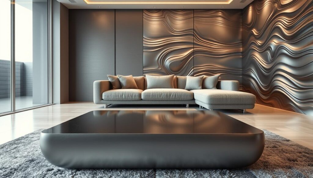A sophisticated, high-tech interior showcasing innovative materials and textures for the year 2025. In the foreground, a sleek and minimalist coffee table features a smooth, seamless surface of advanced composite materials in shimmering metallic hues. The middle ground displays a modular sofa upholstered in a dynamic, textured fabric that appears to shift and flow with subtle light and shadow. In the background, the walls are paneled with a captivating material that resembles liquid mercury, rippling and undulating to create a mesmerizing, futuristic ambiance. Soft, diffused lighting from concealed sources accentuates the unique properties of these cutting-edge materials, evoking a sense of wonder and technological progress.
