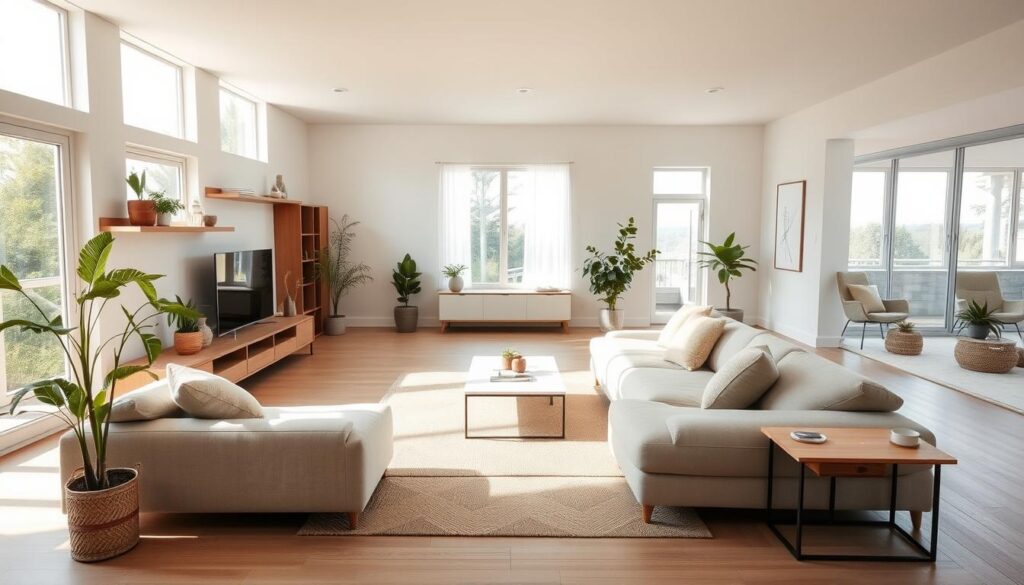 A spacious and harmonious living room with natural light streaming in through large windows. The room features a modular sofa arrangement that can be easily reconfigured to adapt to changing needs. Floating shelves and a minimal TV stand provide ample storage and display space. The color palette is soft and soothing, with earthy tones and natural wood accents. Potted plants and a neutral area rug add warmth and texture. The layout is open and flexible, allowing the space to be easily transformed to accommodate various activities and gatherings. An inviting and versatile room that seamlessly adjusts to the evolving requirements of the inhabitants. A spacious and harmonious living room with natural light streaming in through large windows. The room features a modular sofa arrangement that can be easily reconfigured to adapt to changing needs. Floating shelves and a minimal TV stand provide ample storage and display space. The color palette is soft and soothing, with earthy tones and natural wood accents. Potted plants and a neutral area rug add warmth and texture. The layout is open and flexible, allowing the space to be easily transformed to accommodate various activities and gatherings. An inviting and versatile room that seamlessly adjusts to the evolving requirements of the inhabitants.