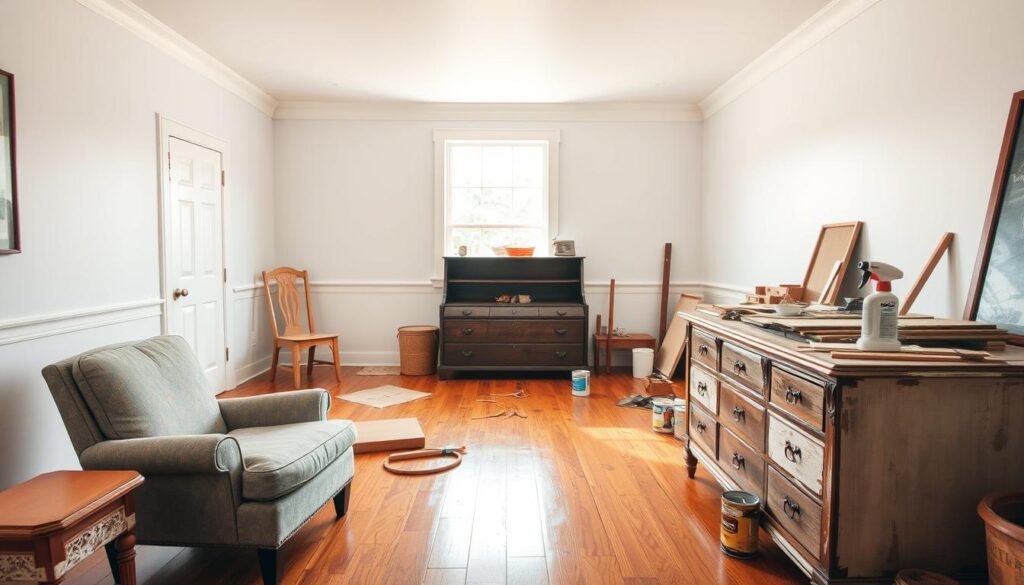A spacious, well-lit room with hardwood floors and white walls. In the foreground, an assortment of furniture pieces - a worn armchair, a distressed side table, and a chipped dresser. The middle ground showcases a selection of tools and materials, including sandpaper, paint brushes, and cans of stain. In the background, a large window allows natural light to flood the space, casting a warm, inviting glow. The room has an atmosphere of creativity and transformation, hinting at the process of deciding whether to replace or restore the existing furniture pieces during a home renovation.