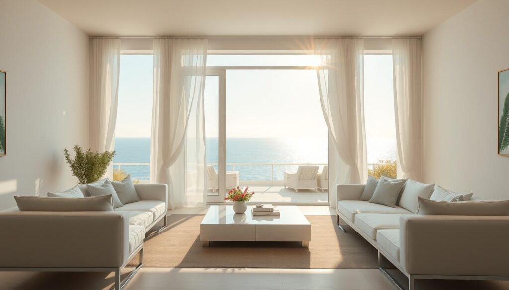 A sun-drenched coastal scene, with a modern, minimalist interpretation of the nautical aesthetic. In the foreground, sleek, clean-lined furniture in shades of white, gray, and pale blue, arranged in a harmonious composition. The middle ground features a large, open window framing a breathtaking view of the sea, with crisp, white curtains billowing gently in the breeze. In the background, a serene, azure horizon, accented by the warm, golden light of the afternoon sun. The overall atmosphere is one of tranquility, sophistication, and a seamless blend of nature and contemporary design.