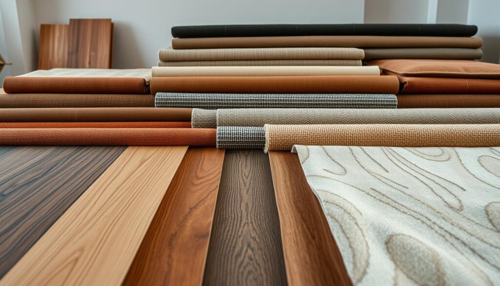 A well-lit, high-resolution close-up view of various furniture materials laid out in an organized display. The foreground showcases a range of wood grains, textures, and finishes, including oak, maple, and walnut. In the middle ground, a selection of upholstery fabrics, leathers, and synthetic materials are presented, each with distinct patterns, colors, and weaves. The background features a clean, minimalist studio setting with neutral-toned walls, allowing the materials to be the focal point. The overall composition conveys a sense of thoughtful curation, highlighting the diverse range of options available for creating the perfect furniture pieces for any interior design.