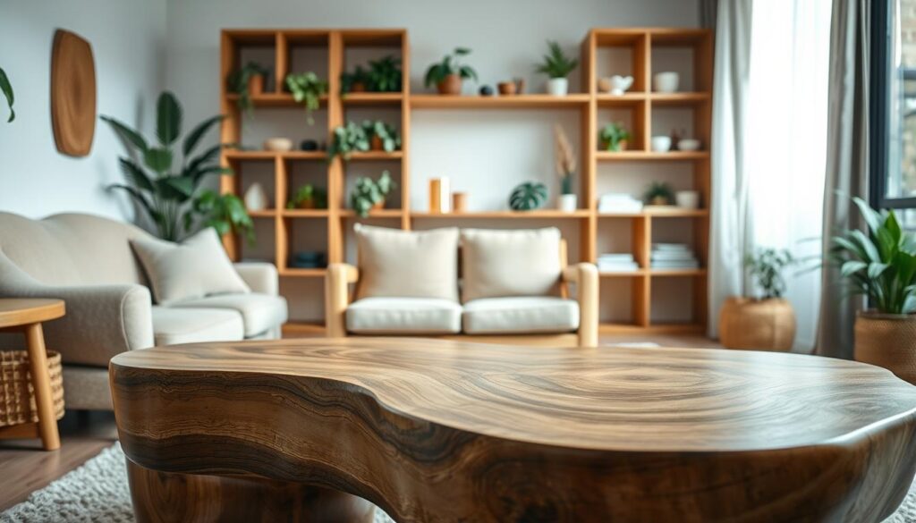 A well-lit, natural-looking scene depicting a range of sustainable, eco-friendly furniture. In the foreground, a modern-looking wooden coffee table with an organically shaped top. In the middle ground, a pair of comfortable-looking armchairs upholstered in a neutral, earthy-toned fabric. Behind them, a minimalist wooden bookshelf filled with plants and decorative items. The lighting is soft and diffused, creating a warm, inviting atmosphere. The overall composition showcases the natural materials, clean lines, and environmentally-conscious design principles that characterize high-quality, sustainable furniture.