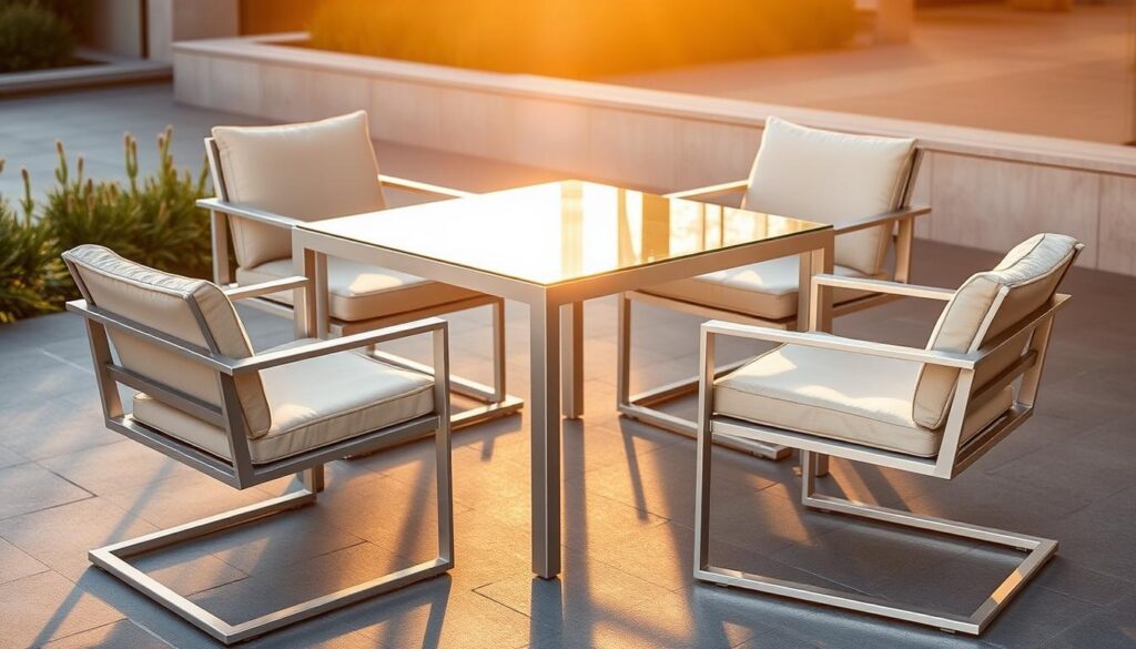 Meble ogrodowe z aluminium: A sleek and modern outdoor furniture set, featuring a minimalist aluminum frame and weatherproof cushions in a neutral palette. The table has a tempered glass top, reflecting the sunlight and creating a clean, sophisticated look. Surrounding the table are four matching armchairs, arranged in a symmetrical layout that exudes a sense of balance and harmony. The scene is bathed in warm, golden hour lighting, casting soft shadows and highlighting the smooth, metallic surfaces. The overall composition conveys a tranquil, elegant atmosphere, perfect for alfresco dining or relaxation in the summer months.